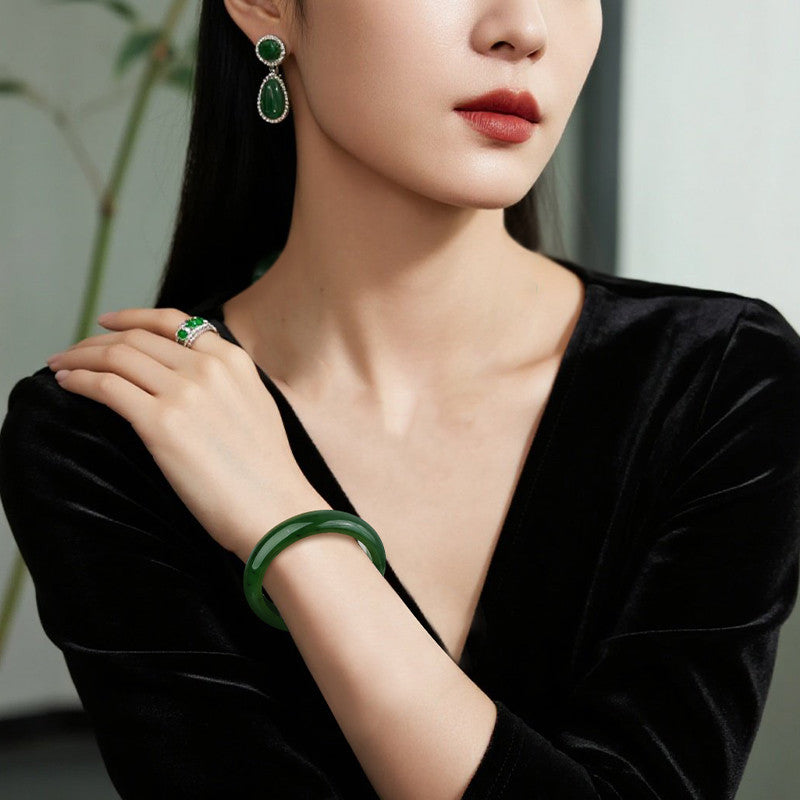 Hetian Jasper Bangle, Fine & Glossy Spinach Green Jade Bracelet, Gift for Mom & Girlfriend