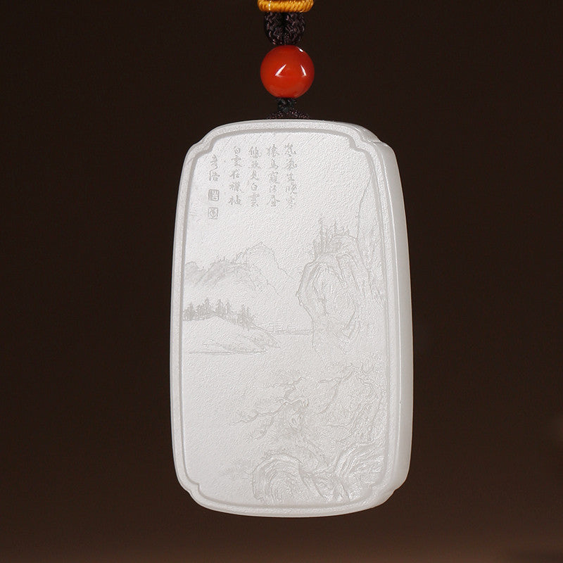 Master's Unique Piece | Hand Line-Carved Landscape Hetian Jade Pendant, Light Cyan & White Jade for Men & Women