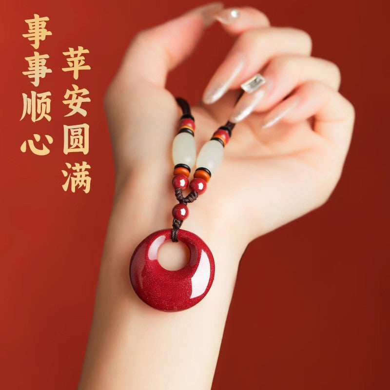 Cinnabar & Hetian Jade Peace Buckle Necklace for Women, Auspicious Pendant, Lucky Gift for Zodiac Year