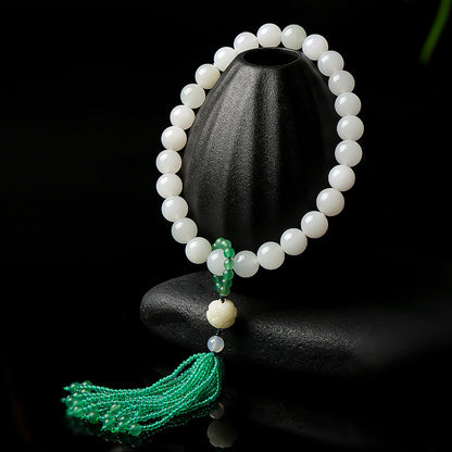 Tianshan Green Jade Bracelet & Handheld Ornament, Round Beads with Tassel, Fresh Style Gift
