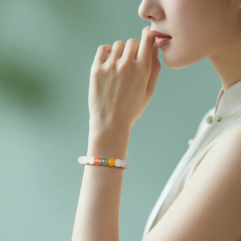 High-quality Warm White Hetian Jade Straight-cut Mixed Gem Single-row Bracelet
