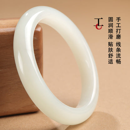 Premium Choice Oily White Hetian Jade Peace Bangle, Holiday Gift for Girlfriend & Mom