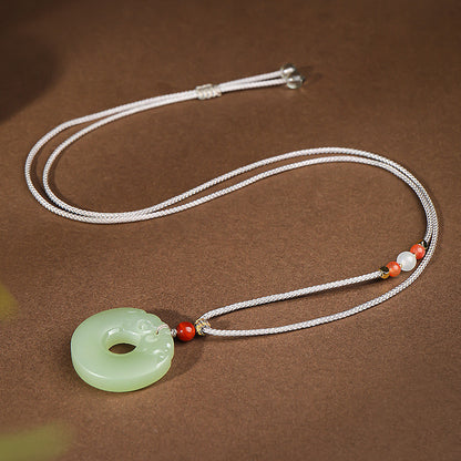 Pale Cyan Hetian Jade Double Dragon Safety Buckle Pendant, Unisex Holiday Gift Jade Ornament