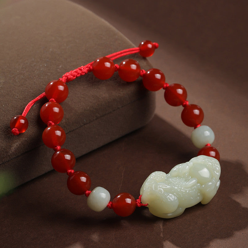 Hetian Jade Pixiu Bracelet, Adjustable Cord Single Loop Couple Bracelet for Men & Women