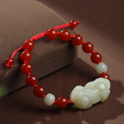 Hetian Jade Pixiu Bracelet, Adjustable Cord Single Loop Couple Bracelet for Men & Women