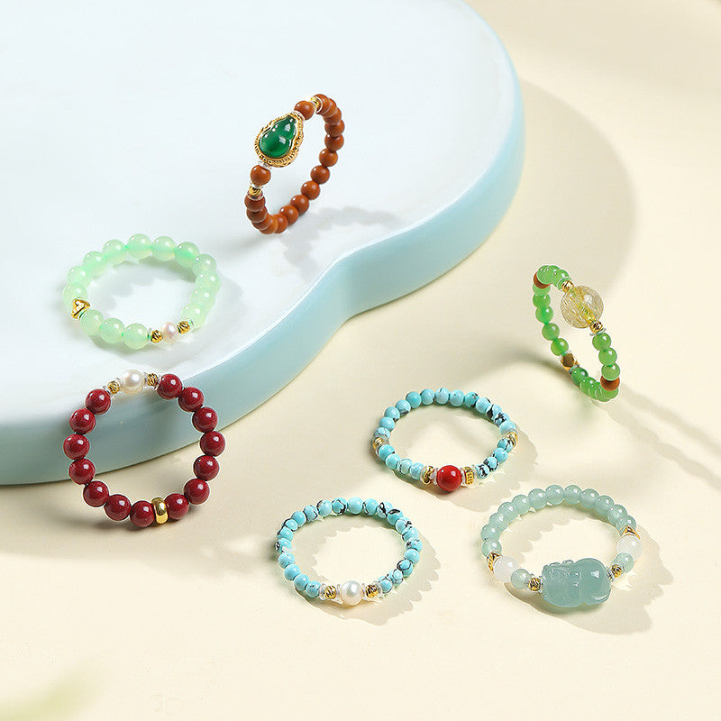 DIY Multi-gem Ring, Small Seed Beads with Jasper, White Jade, Jadeite, Turquoise, Agate, Cinnabar Fashion Adjustable Ring Jewelry