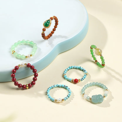 DIY Multi-gem Ring, Small Seed Beads with Jasper, White Jade, Jadeite, Turquoise, Agate, Cinnabar Fashion Adjustable Ring Jewelry