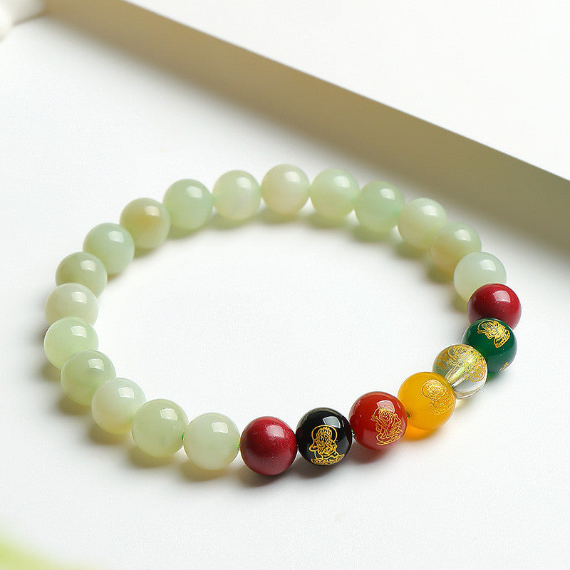 Five-way God of Wealth Pixiu Hetian Jade Bracelet, Unisex Auspicious Beast Beaded Bracelet