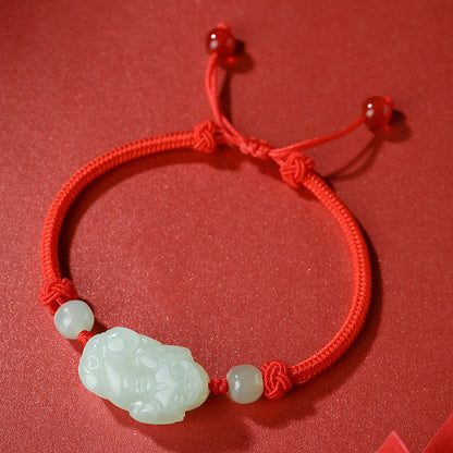 Pale Cyan Hetian Jade Pixiu Bracelet, Adjustable Couple Rope Bracelet, Birthday & Festival Gift for Men Women