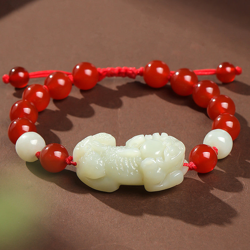 Hetian Jade Pixiu Bracelet, Adjustable Cord Single Loop Couple Bracelet for Men & Women