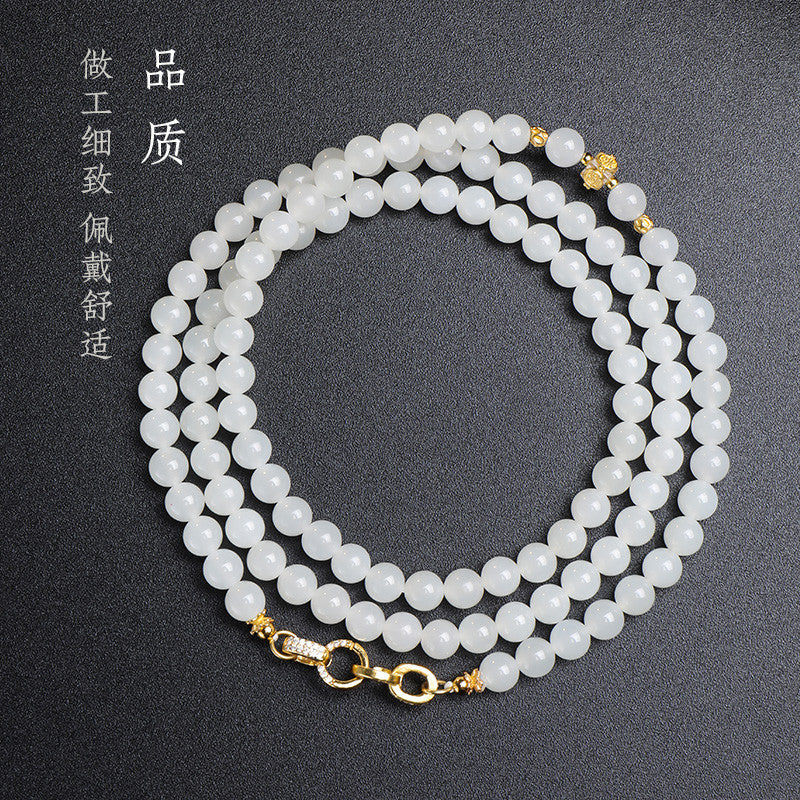 White Hetian Jade Necklace, Elegant Chinese Style Beaded Chain for Women, Dual-use Sweater Chain & Neck Ornament