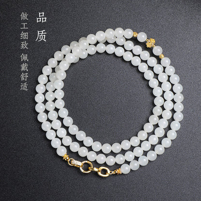 White Hetian Jade Necklace, Elegant Chinese Style Beaded Chain for Women, Dual-use Sweater Chain & Neck Ornament