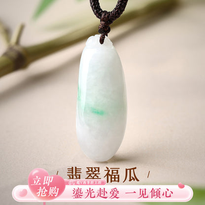 Pure Elegance Series Emerald Melon Pendant with Braided Cord, Auspicious Ruyi Jade Charm, Premium Gift, With Certificate & Collectible Value