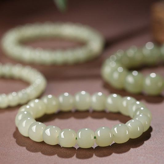 Natural Hetian Jade Clear Water Old-Style Bead Bracelet, Plain Circle Jade Bangle with Certificate, Collectible Elegant Daily Jewelry
