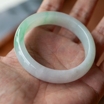 57MM Natural Grade A Ice Species Emerald Bangle, Translucent Fine Texture White Base with Green Floating Pattern Round Bracelet, With Certificate & Collectible High-Grade Jade Jewelry