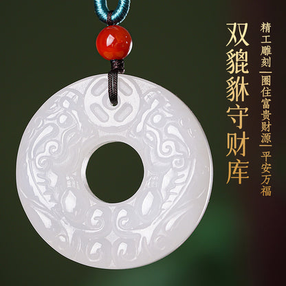 Unisex Hetian White Jade Pendant, Double-Sided Carved Pixiu & Safety Buckle Jade Charm