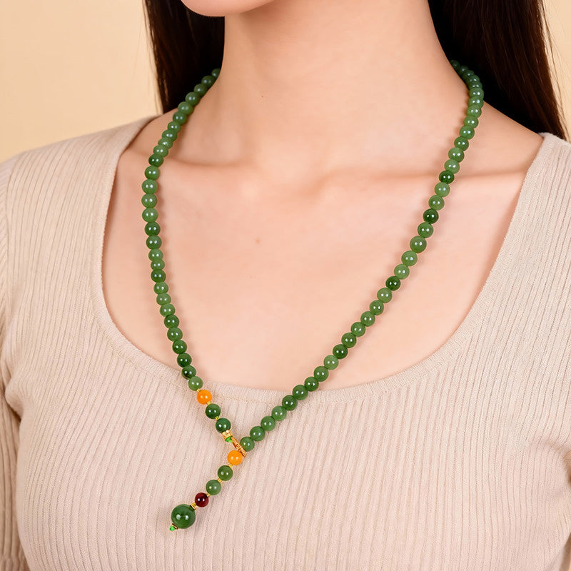 Spinach Green Hetian Jasper Round Bead Necklace, Sweater Chain, Gift for Mom