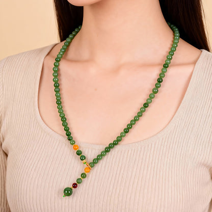 Spinach Green Hetian Jasper Round Bead Necklace, Sweater Chain, Gift for Mom