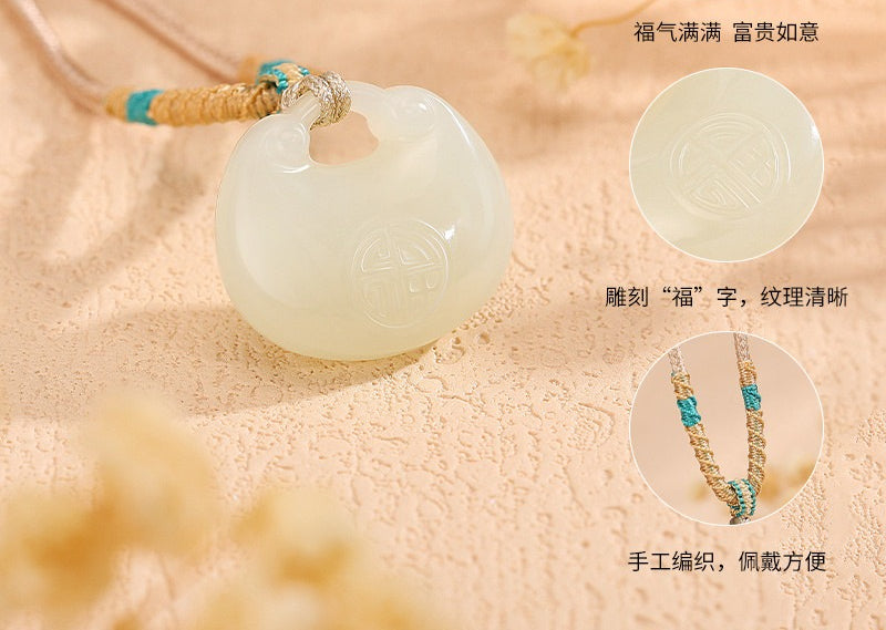 Hetian Jade Peace & Longevity Lock Pendant, Ruyi Lock New Chinese Style Jade Necklace, Fortune Bag Jade Plaque, Gift with Certificate & Collectible Value
