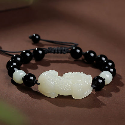 Hetian Jade Pixiu Bracelet, Adjustable Cord Single Loop Couple Bracelet for Men & Women