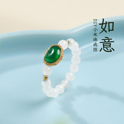 DIY Multi-gem Ring, Small Seed Beads with Jasper, White Jade, Jadeite, Turquoise, Agate, Cinnabar Fashion Adjustable Ring Jewelry