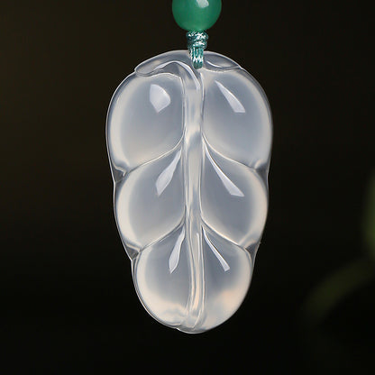 High Icy Chalcedony Leaf Pendant, Golden Branch & Jade Leaf Women Ornament, Holiday Gift