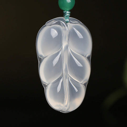 High Icy Chalcedony Leaf Pendant, Golden Branch & Jade Leaf Women Ornament, Holiday Gift