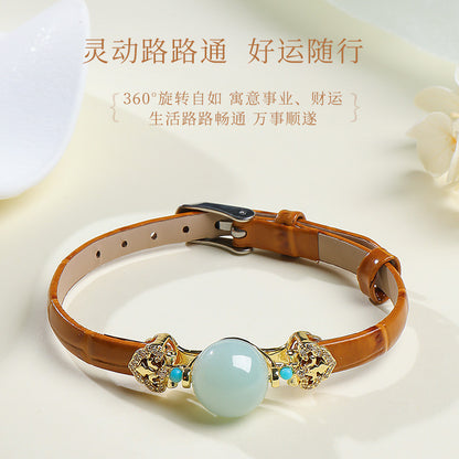 Rotatable Barrel Bead Jade Bracelet, Hetian Jade & Jadeite Wristband with Pixiu, Gift