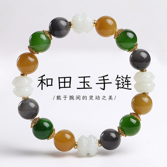 Hetian Jade Multi-Color Beaded Bracelet, Carved White Jade Lotus Bangle, Festival Gift