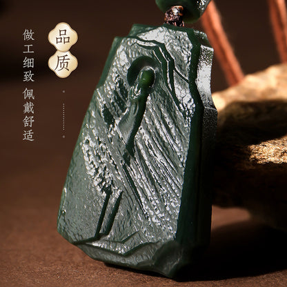 Antique Pattern Enlightenment Hetian Dark Green Jade Pendant, Retro Simple Jade Charm