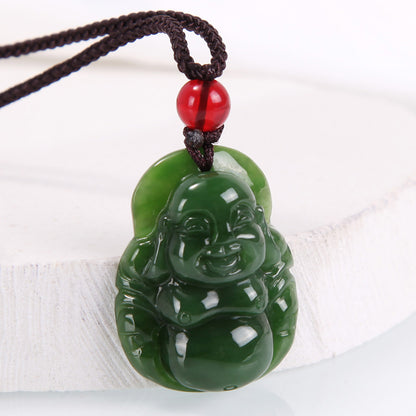 Natural Hetian Jasper Buddha Pendant, Vivid Green Jade Pendant & Round Buckle, Unisex Jade Jewelry