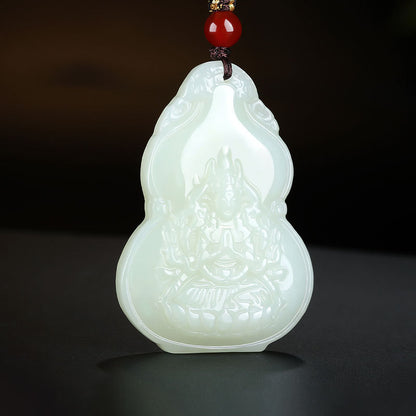 Hetian Jade Pendant, Gourd & Zodiac Patron Buddha Guanyin Charms, Unisex Jade Hanging Ornament