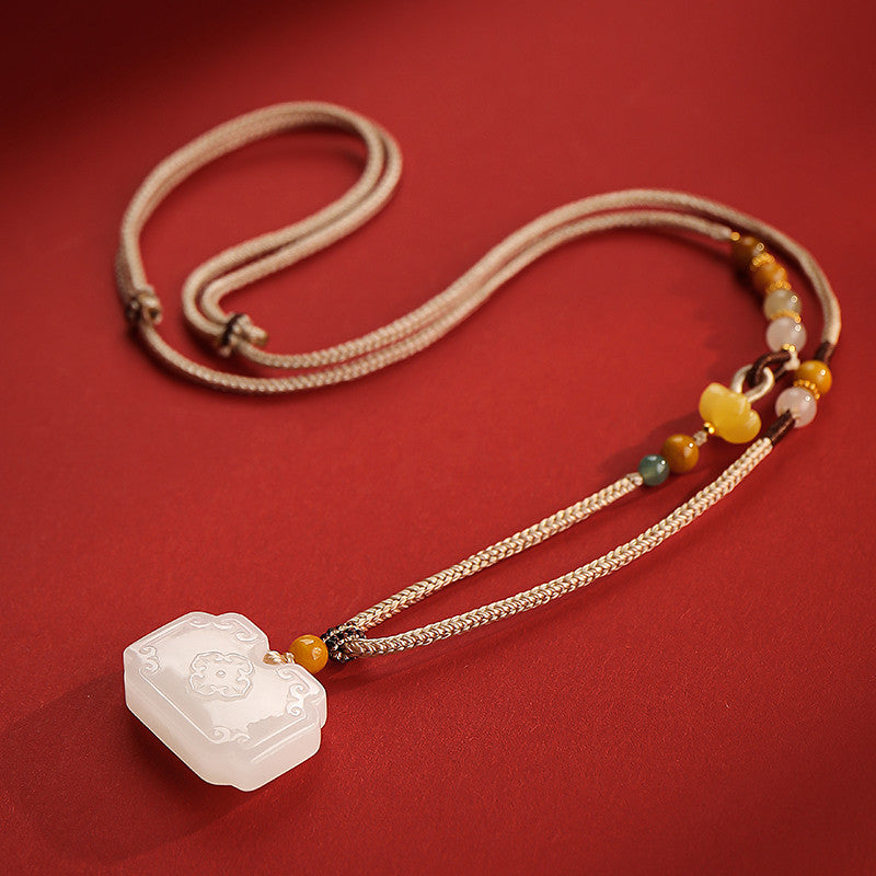 Tang Style Eight Auspicious Series Hetian Jade Square Ruyi Lock Pendant