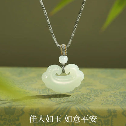 Hetian jade pendant, auspicious symbol, peace lock, jade pendant necklace, braided cord, unisex.
