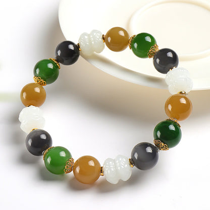 Hetian Jade Multi-Color Beaded Bracelet, Carved White Jade Lotus Bangle, Festival Gift
