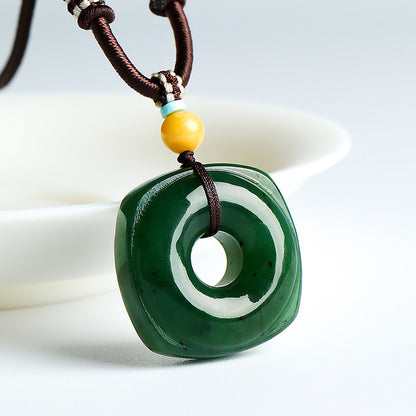 Square & Round Blessing｜High-Oil Spinach Green Jasper Heaven-Earth Style Hetian Jade Safety Buckle Pendant Unisex