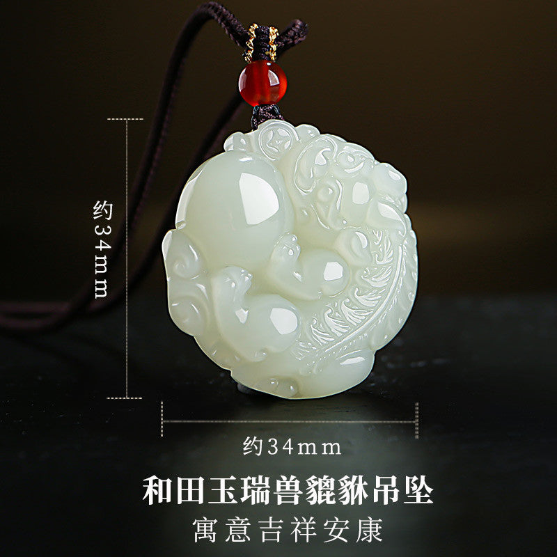 Pale Cyan Hetian Jade Double-sided Carved Pixiu Pendant, Unisex Fortune Beast Jade Charm