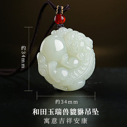Pale Cyan Hetian Jade Double-sided Carved Pixiu Pendant, Unisex Fortune Beast Jade Charm