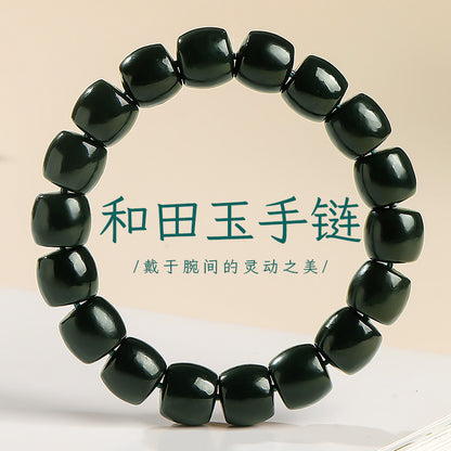 Unisex Straight-cut Green Hetian Jade Single-row Bracelet