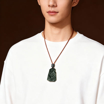 Antique Pattern Enlightenment Hetian Dark Green Jade Pendant, Retro Simple Jade Charm