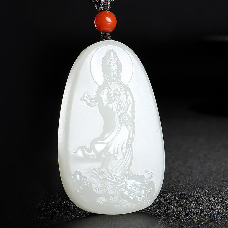 Hetian White Jade Pendant, Dragon-Subduing Guanyin Jade Charm