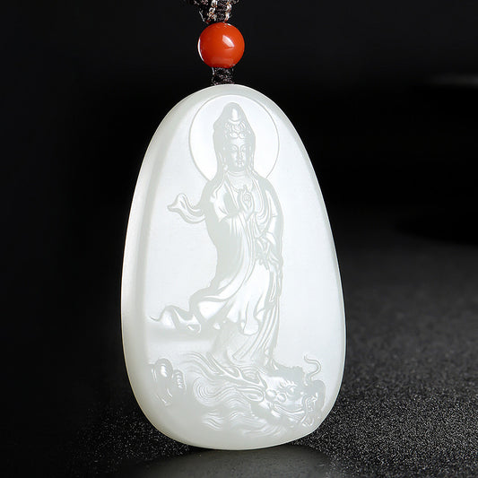 Hetian White Jade Pendant, Dragon-Subduing Guanyin Jade Charm