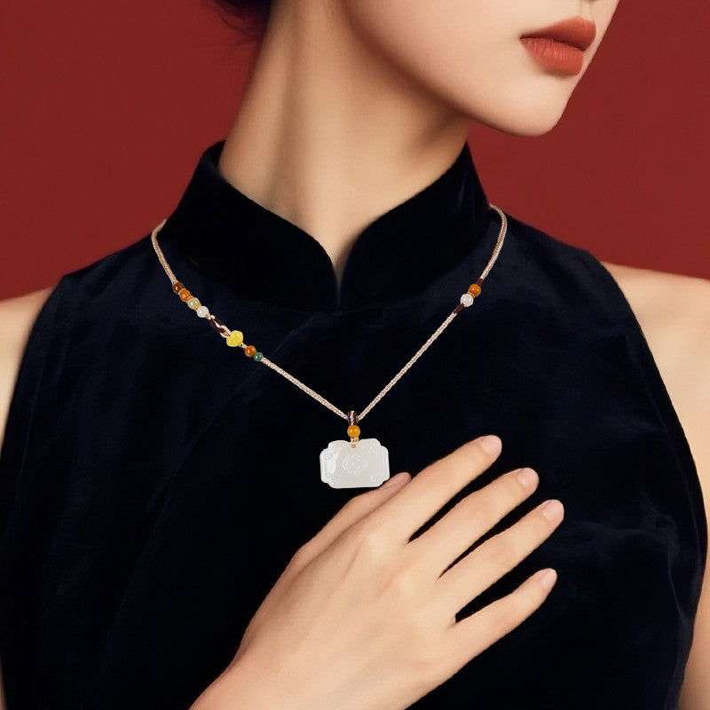 Tang Style Eight Auspicious Series Hetian Jade Square Ruyi Lock Pendant