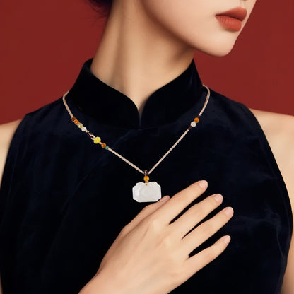 Tang Style Eight Auspicious Series Hetian Jade Square Ruyi Lock Pendant