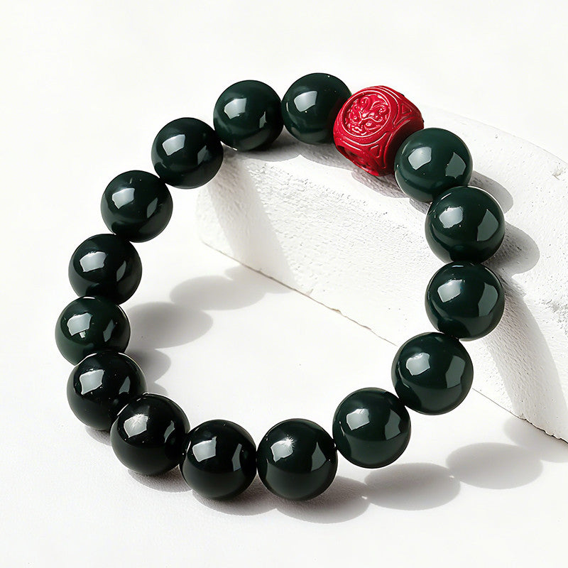 Dark Green Hetian Jade Barrel Bead Bracelet with Cinnabar Pixiu, Unisex Multi-gemstone Lucky Bracelet