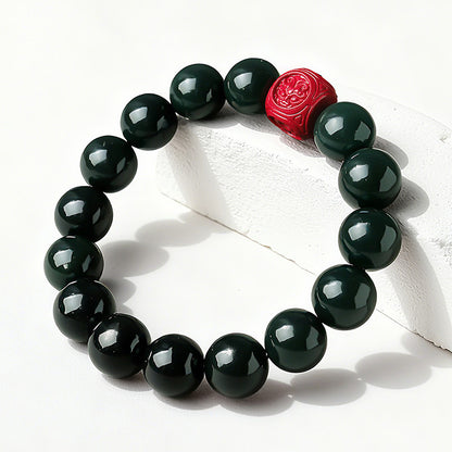 Dark Green Hetian Jade Barrel Bead Bracelet with Cinnabar Pixiu, Unisex Multi-gemstone Lucky Bracelet