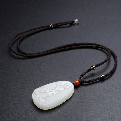 Hetian White Jade Pendant, Dragon-Subduing Guanyin Jade Charm