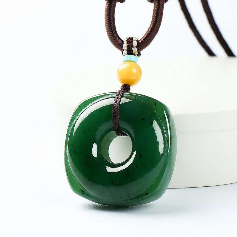 Square & Round Blessing｜High-Oil Spinach Green Jasper Heaven-Earth Style Hetian Jade Safety Buckle Pendant Unisex