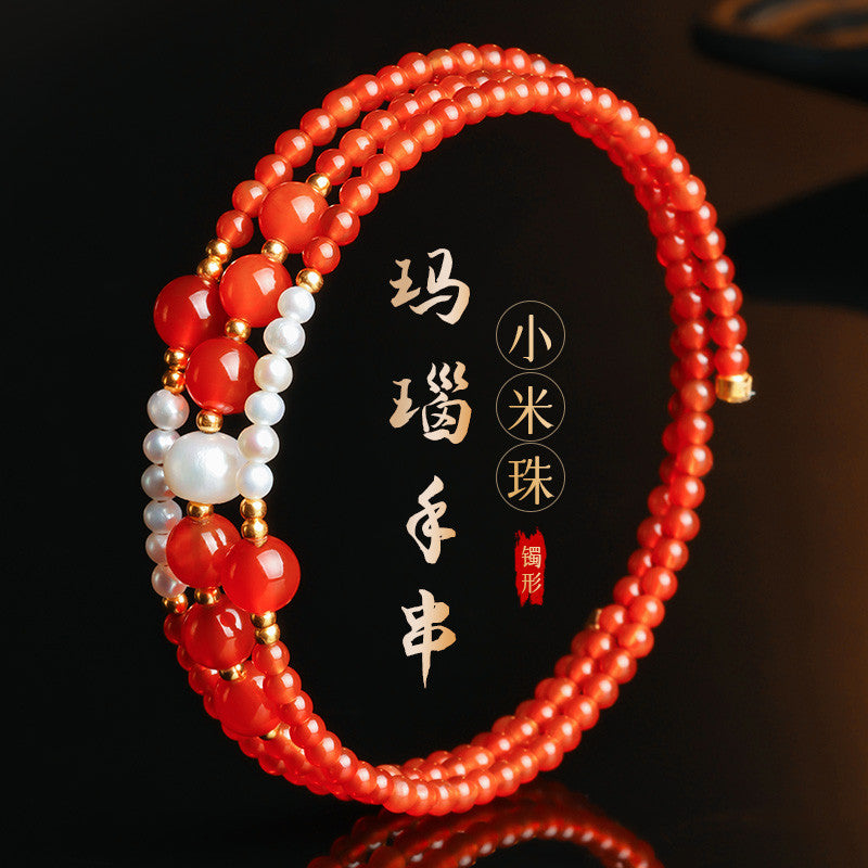 Lucky Red Agate Bracelet, Mini Bead & Rolling Bead Bangle-style Multi-loop Bracelet for Women, Festival Gift for Girlfriend