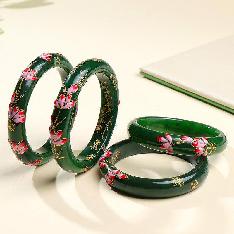 Blooming Splendor Hetian Jasper Bangle, Spinach Green Carved Bangle, Multiple Sizes Available